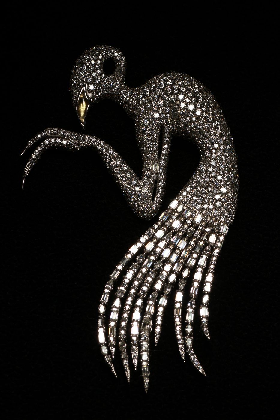 Alien Brooch No. 2 by Nilofar — a diamond pavé bird-form brooch with a cascading baguette-diamond tail, a one-of-a-kind handcrafted fine jewelry piece