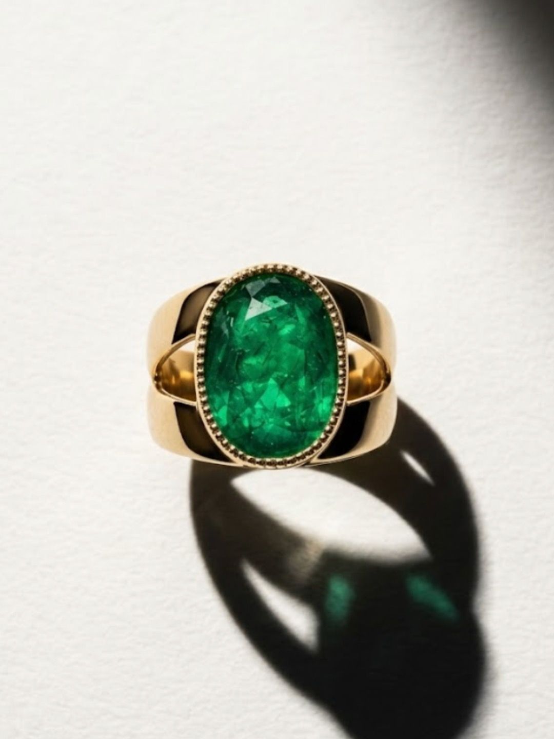 Commissioned Engagement Ring by Nilofar — a 14k yellow-gold ring set with an oval emerald in a milgrain bezel